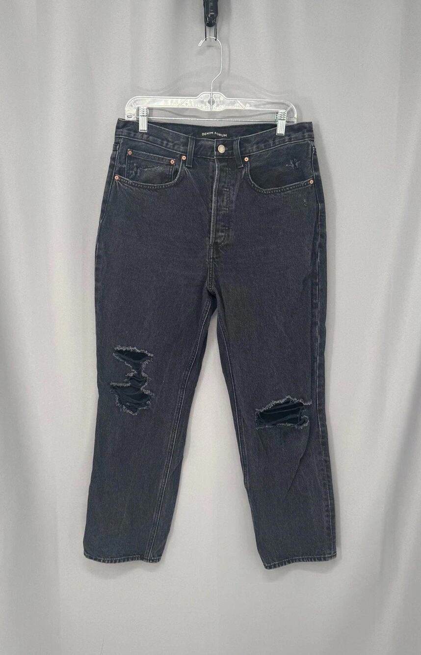 Aritzia Denim Forum Jeans Womens 30 Black Joni Button Fly Distressed Ankle